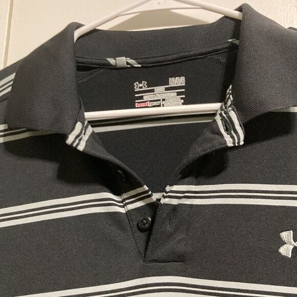 UNDER ARMOUR Black Gray Striped Collar Polo Shirt HeatGear Loose Mens Large - Picture 6 of 15